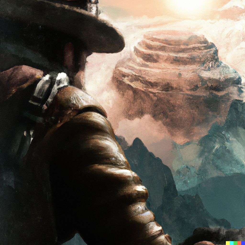 someone gazing at Mount Everest, digital art, steampunk